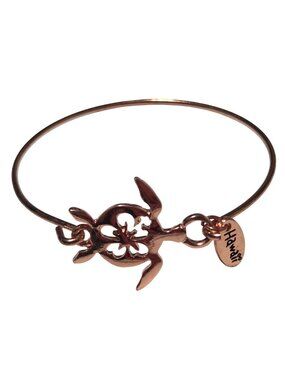 Hawaiian Sea Turtle Bangle Bracelet Flower Cutout Charm Rose Gold Tone